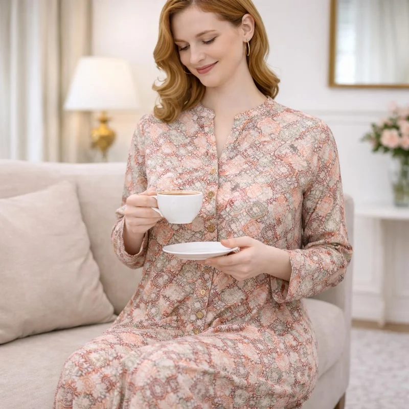 Artemea Women’s Abstract Print Jalabiya | Premium Rayon | Button-Front Design | Full-Length Modest Wear